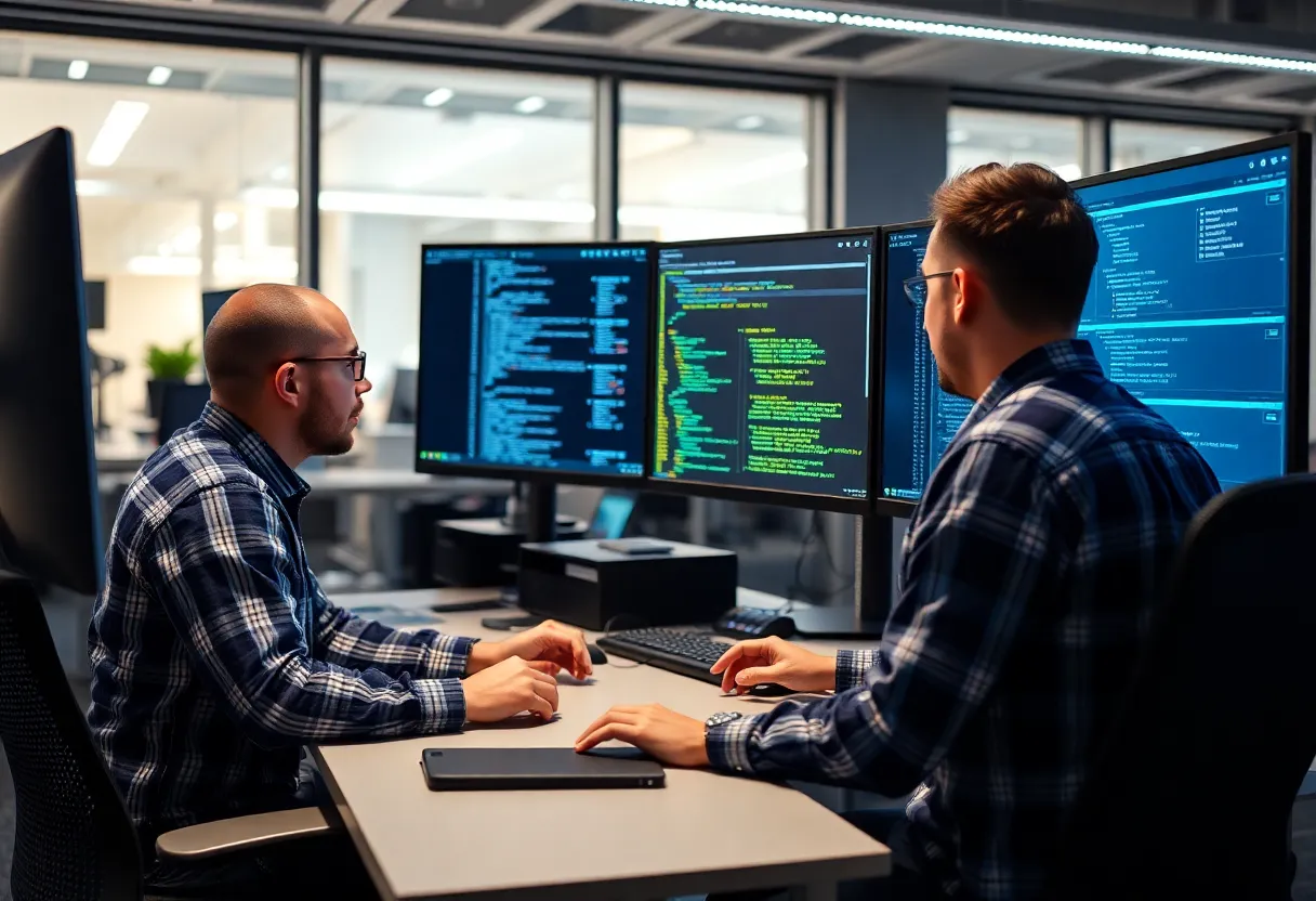 Automotive software engineers reviewing update code in office