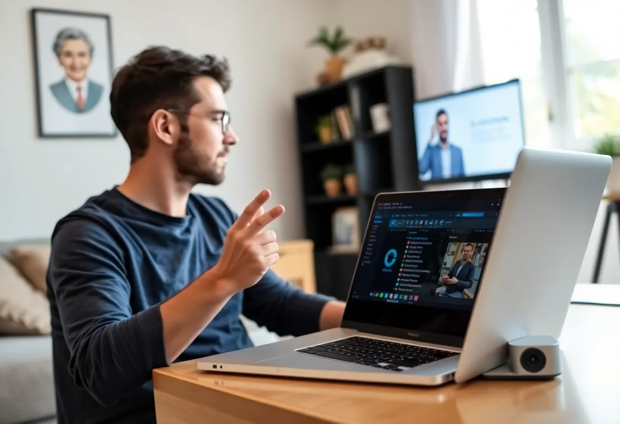Person with laptop and small projector in home office