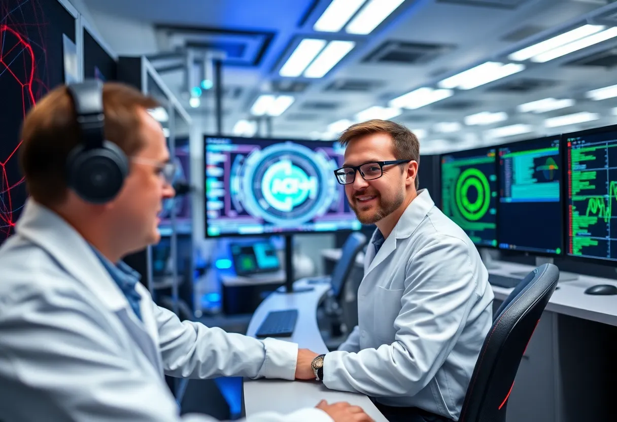 Scientist at quantum computing control console in research facility