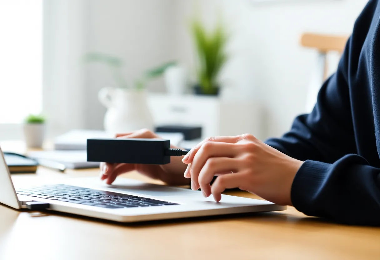 Person at laptop with external backup drive in home office