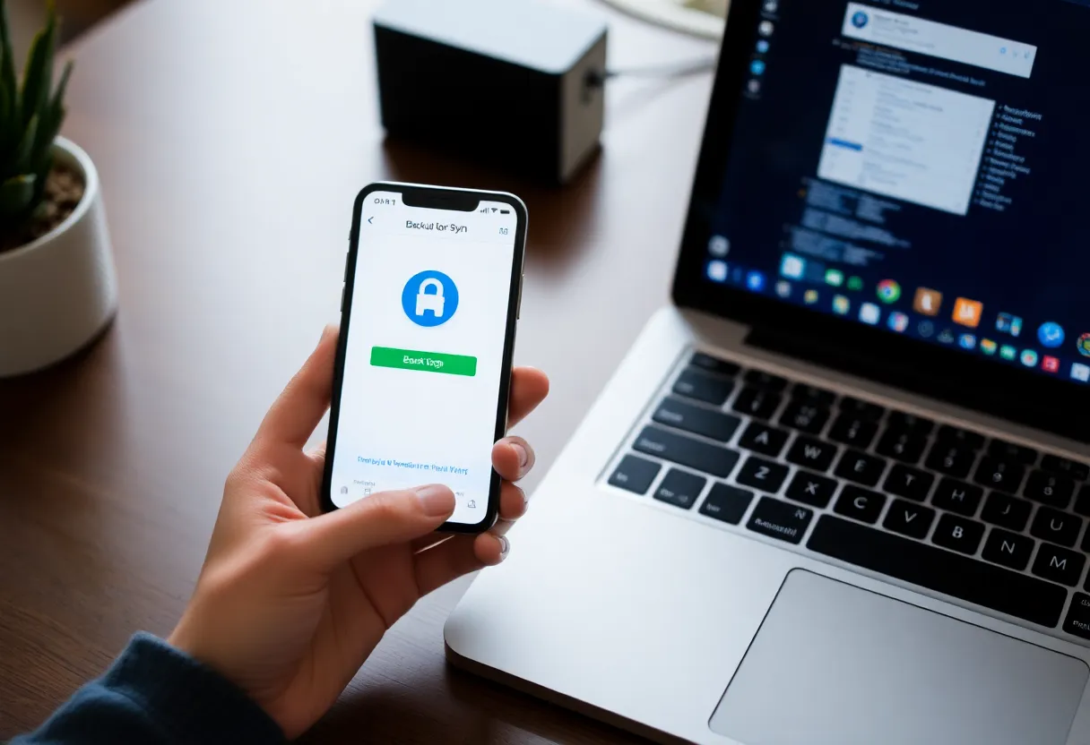 Phone and laptop showing backup or sync app