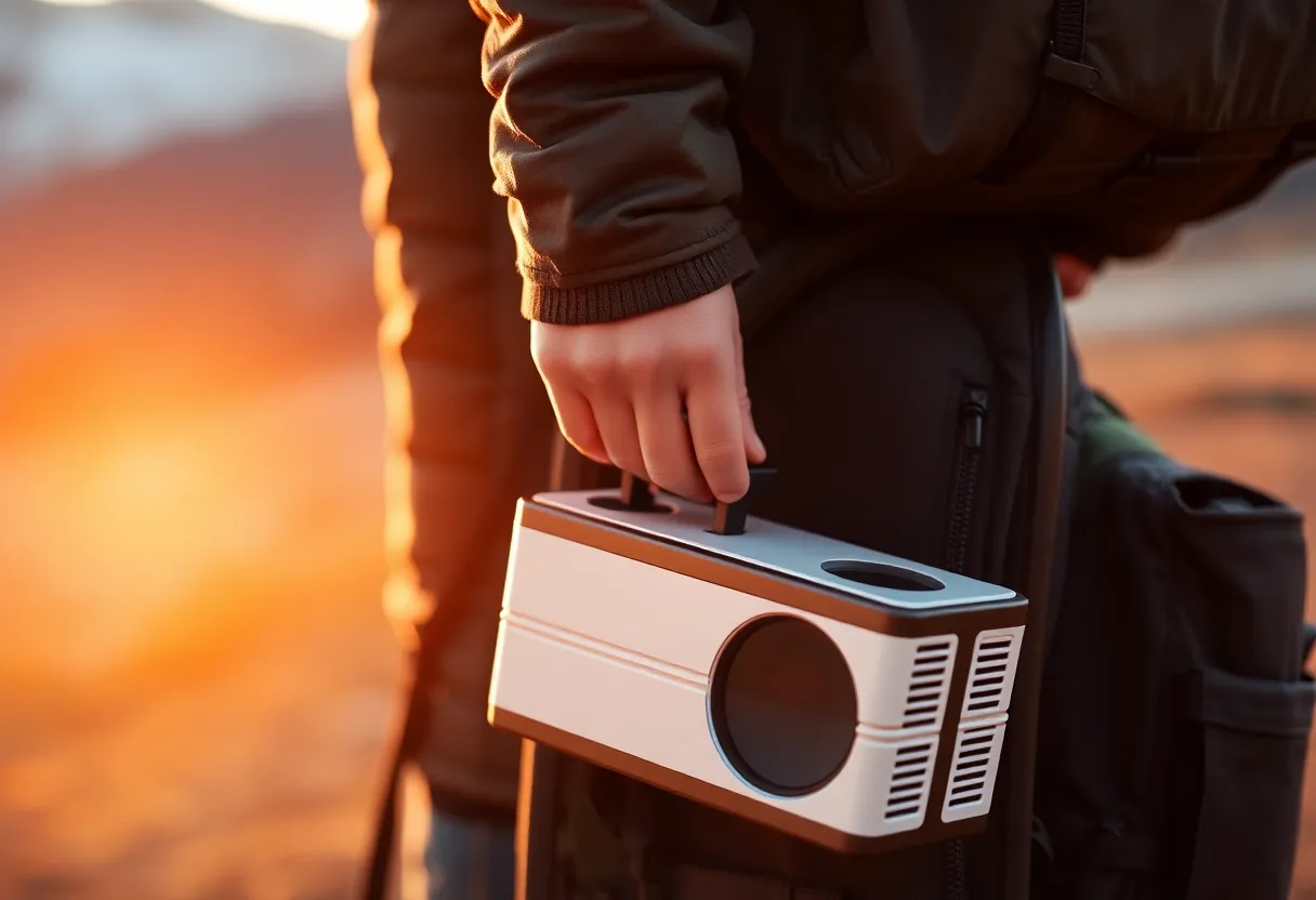 Person carrying portable projector in backpack on the go