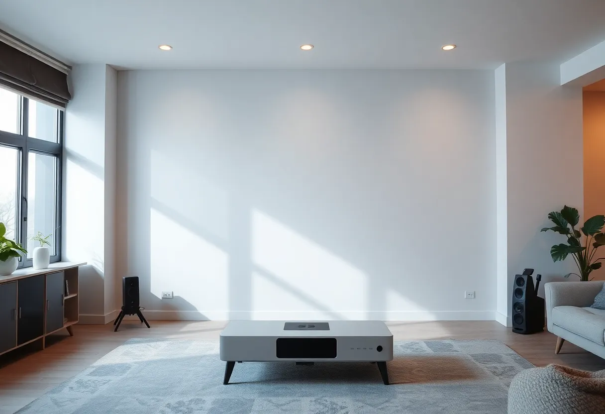 Projector and minimal wall setup in modern apartment