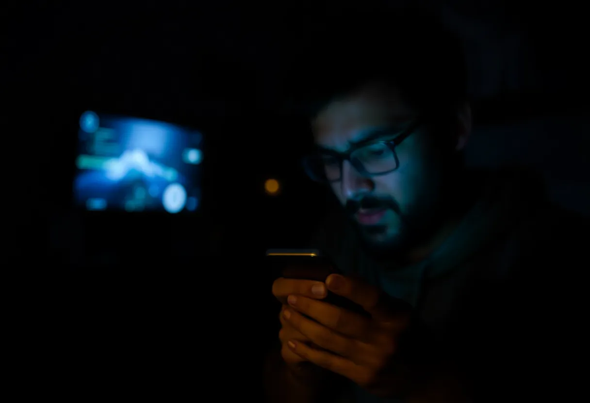 Person looking at phone with notifications, overwhelmed