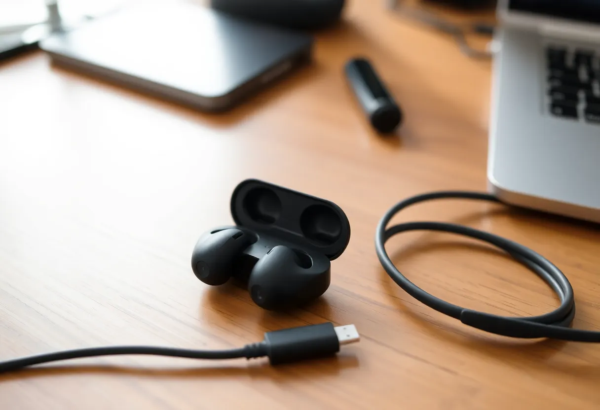 Budget wireless earbuds and USB-C cable on a wooden desk