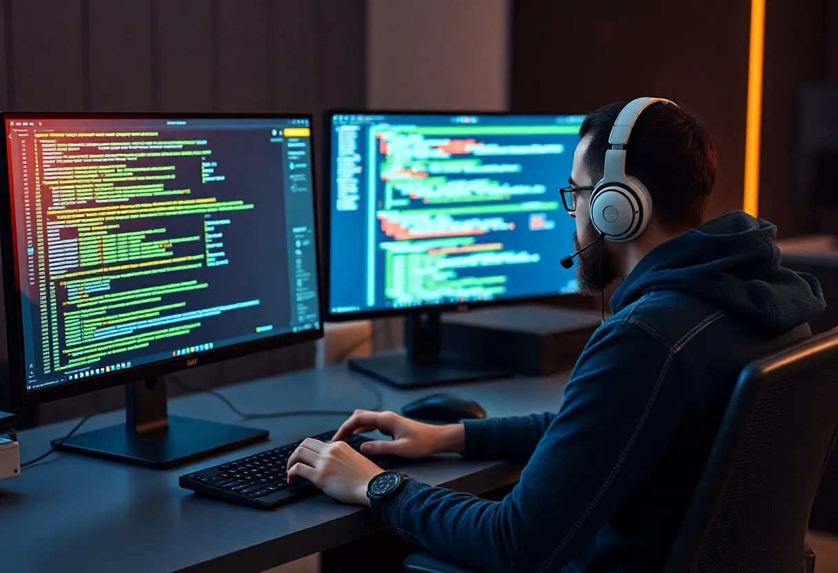 Developer reviewing AI-generated code on dual monitors