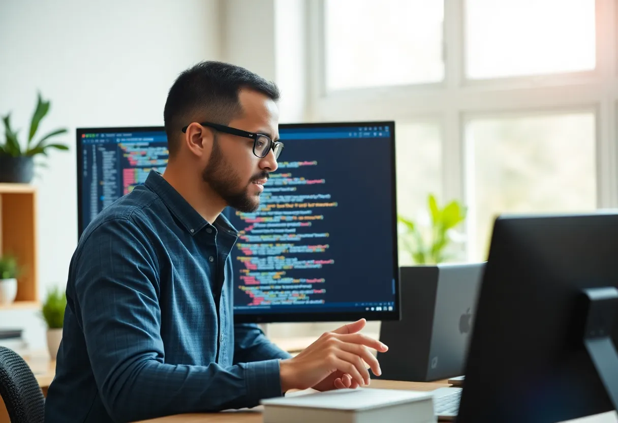 Developer reviewing code with AI assistant panel