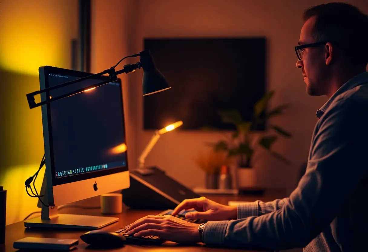 Person working at desk with adjustable lamp and monitor