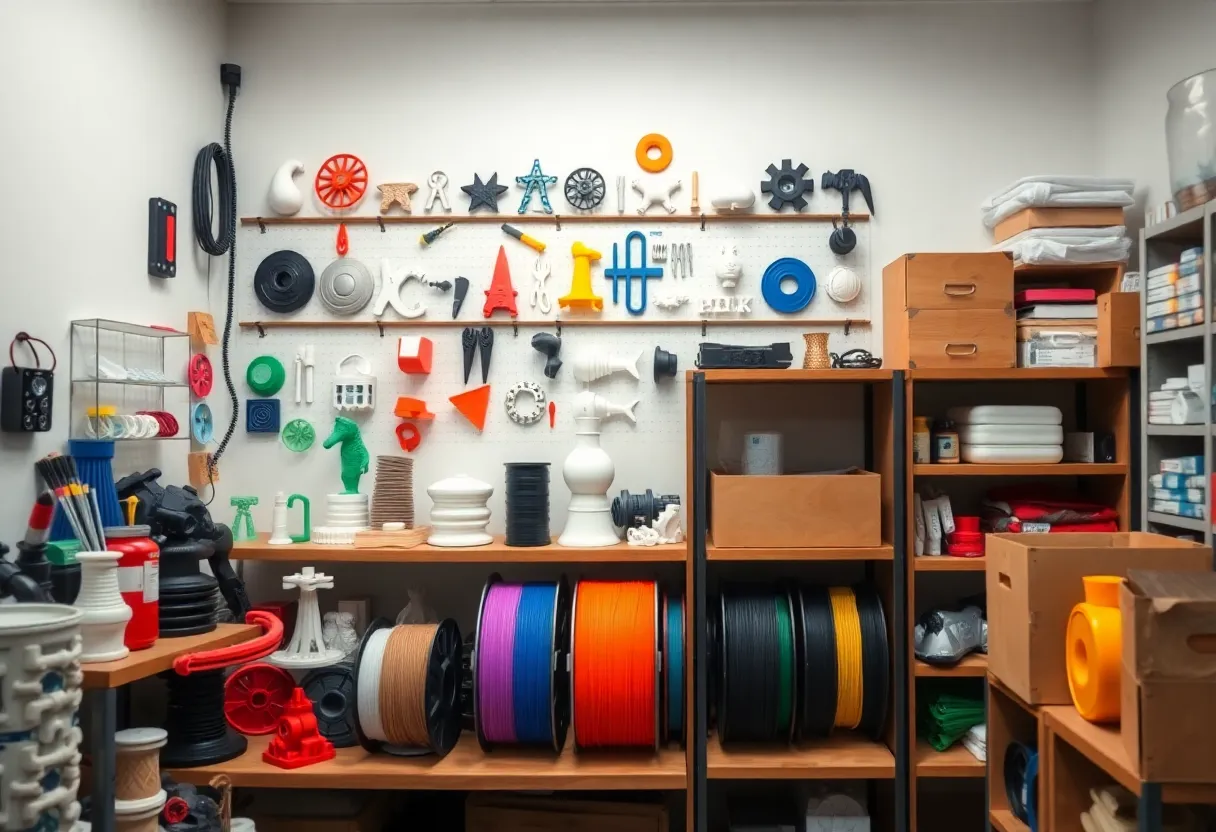 Organized 3D printed parts and filament storage in maker space