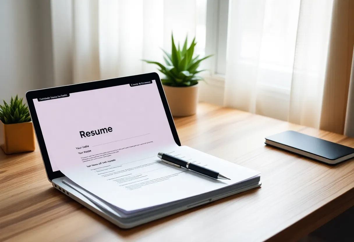 Resume and laptop on desk, job application theme