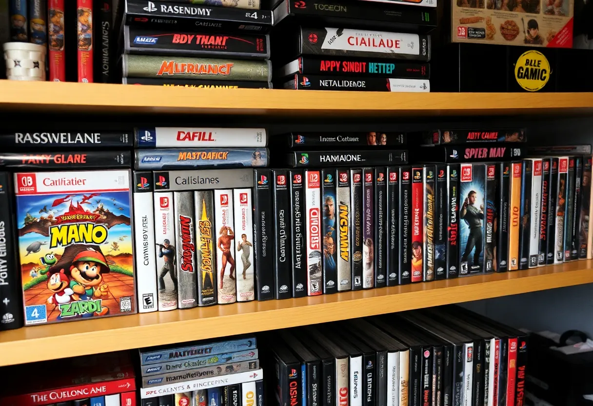 Shelf of physical video game cases and collectible editions