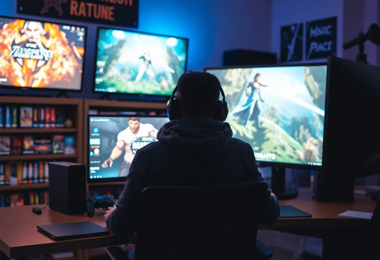 Gamer at desk with game library and digital storefront on screen