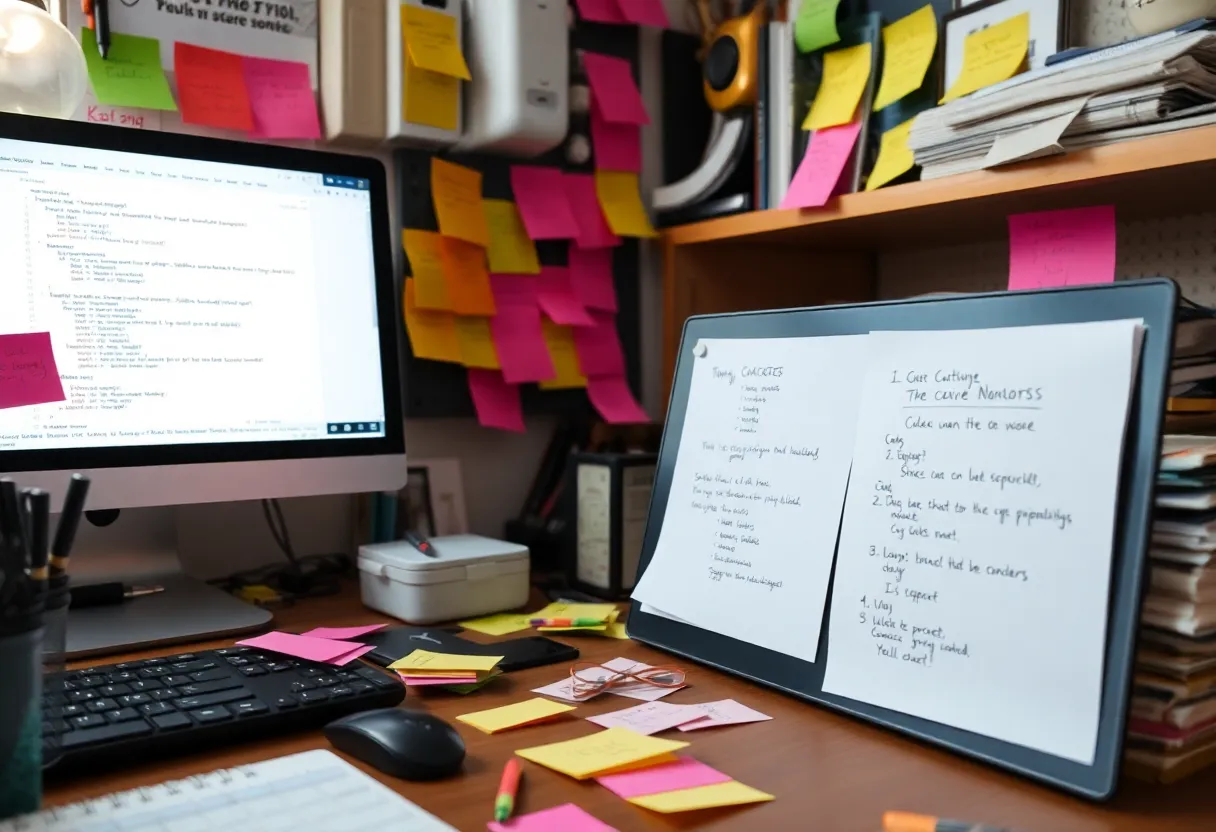 Messy desk with notes and code, side project chaos
