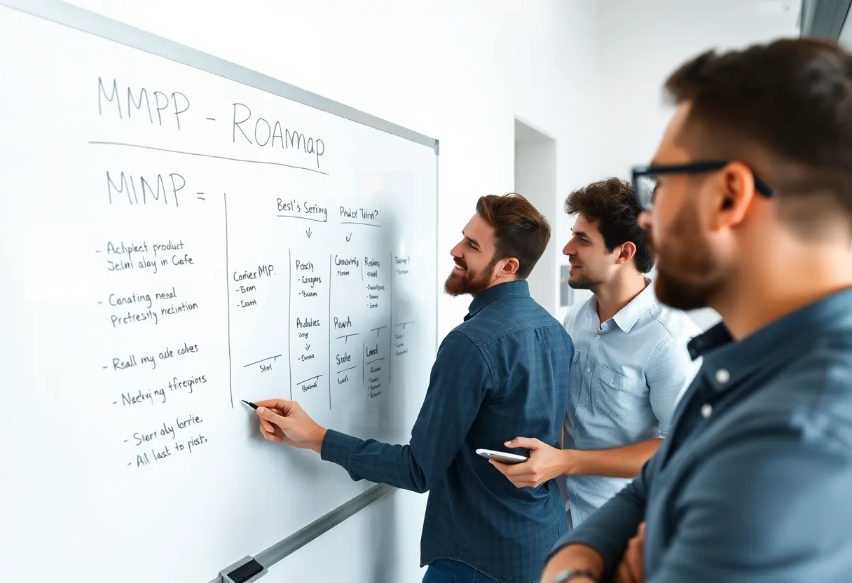 Whiteboard with MVP and product roadmap sketch