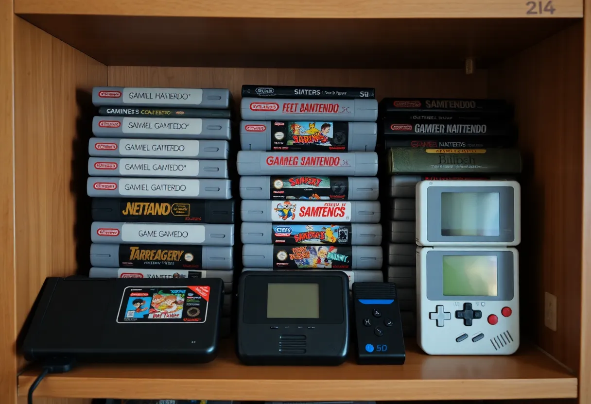 Collection of retro game cartridges and handheld devices