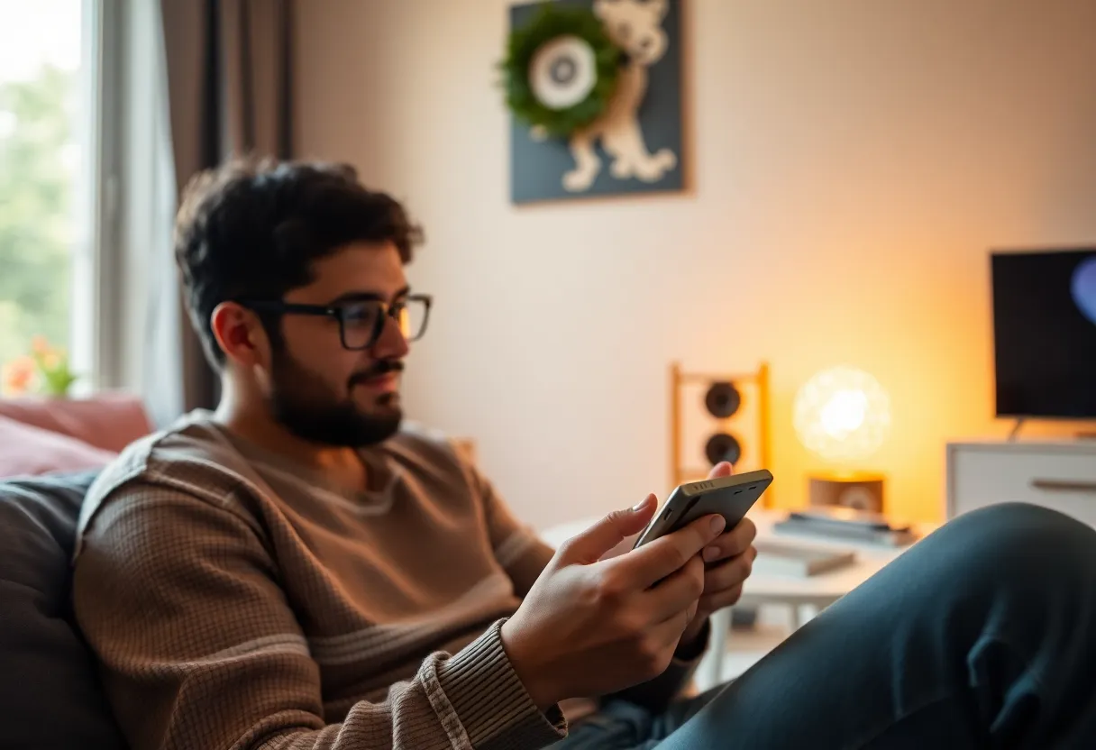 Person playing modern retro-style handheld in cozy room