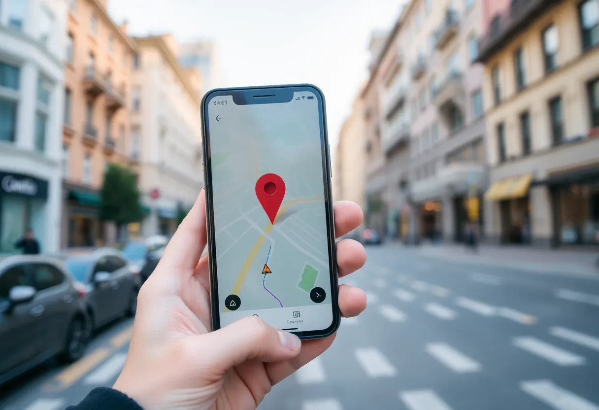 Smartphone showing GPS map and location in urban environment