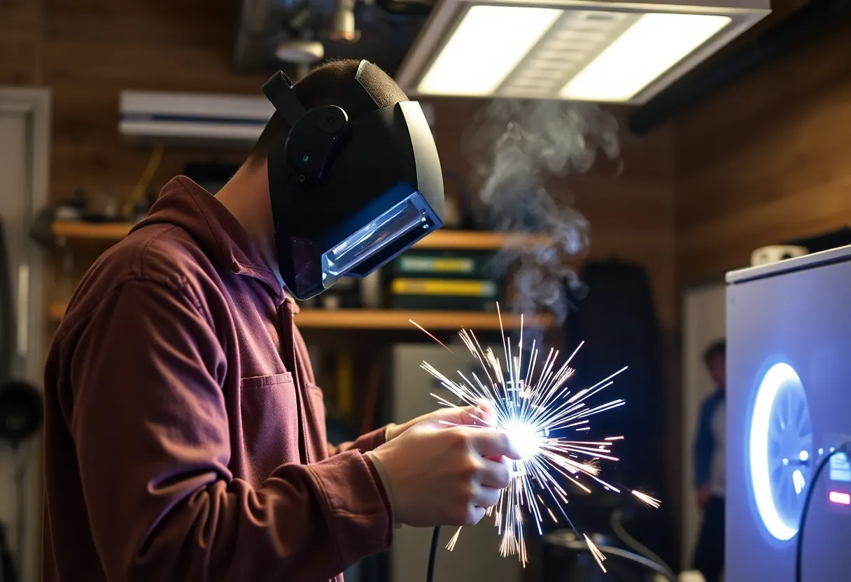 Person working on EV conversion in home garage