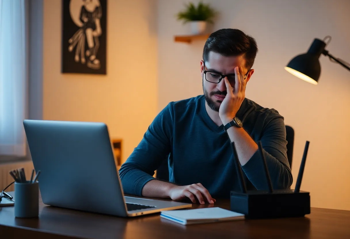 Person troubleshooting laptop and router at home