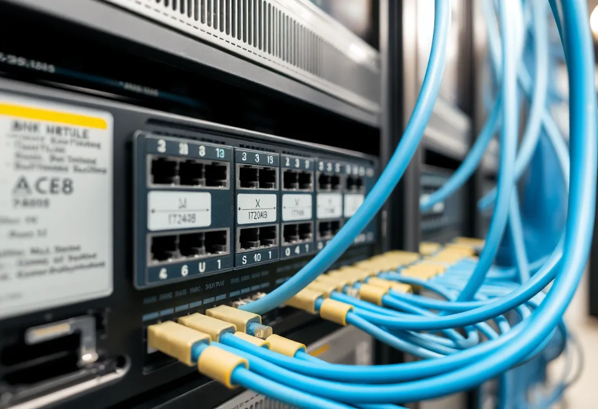 Internet exchange or network hub, cables and switches