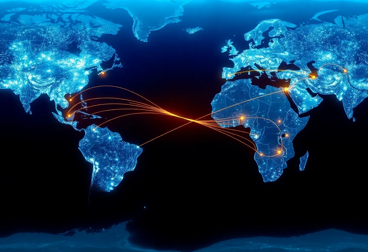Map of global undersea cable routes connecting continents