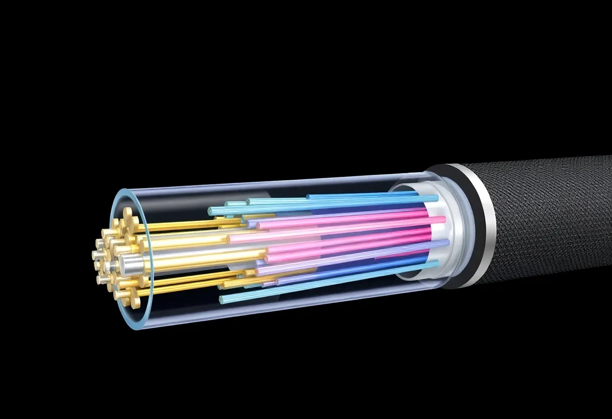 Cross-section of undersea fiber optic cable, layers and armor
