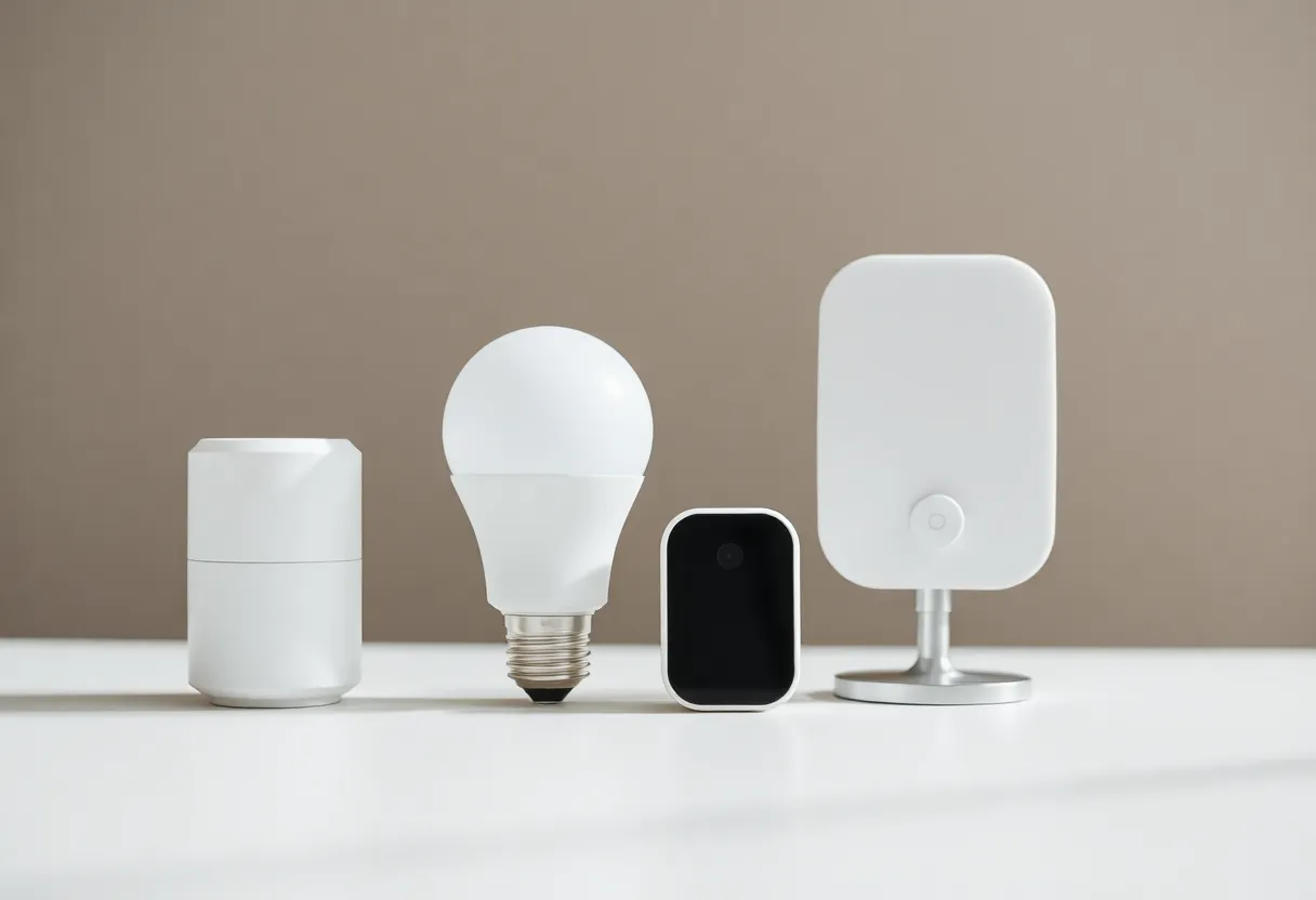 Smart home devices including smart bulb and sensor on a table, minimalist setup