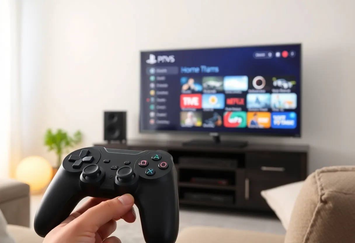 Game controller and TV showing console home menu in a living room