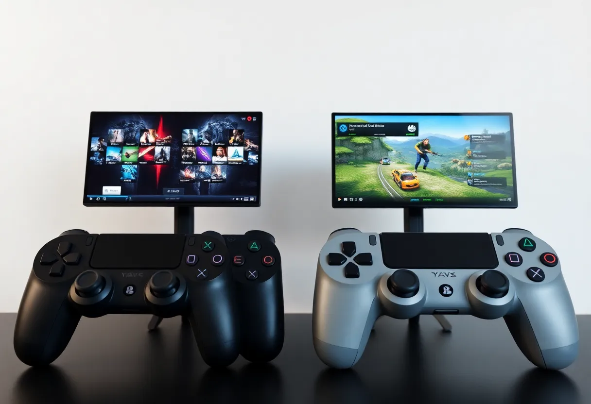 Multiple gaming consoles with different UIs on screens, comparison shot