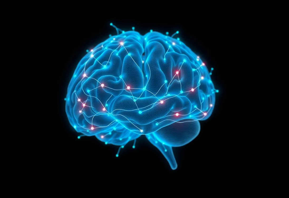 Brain scan visualization with neural pathways and electrodes