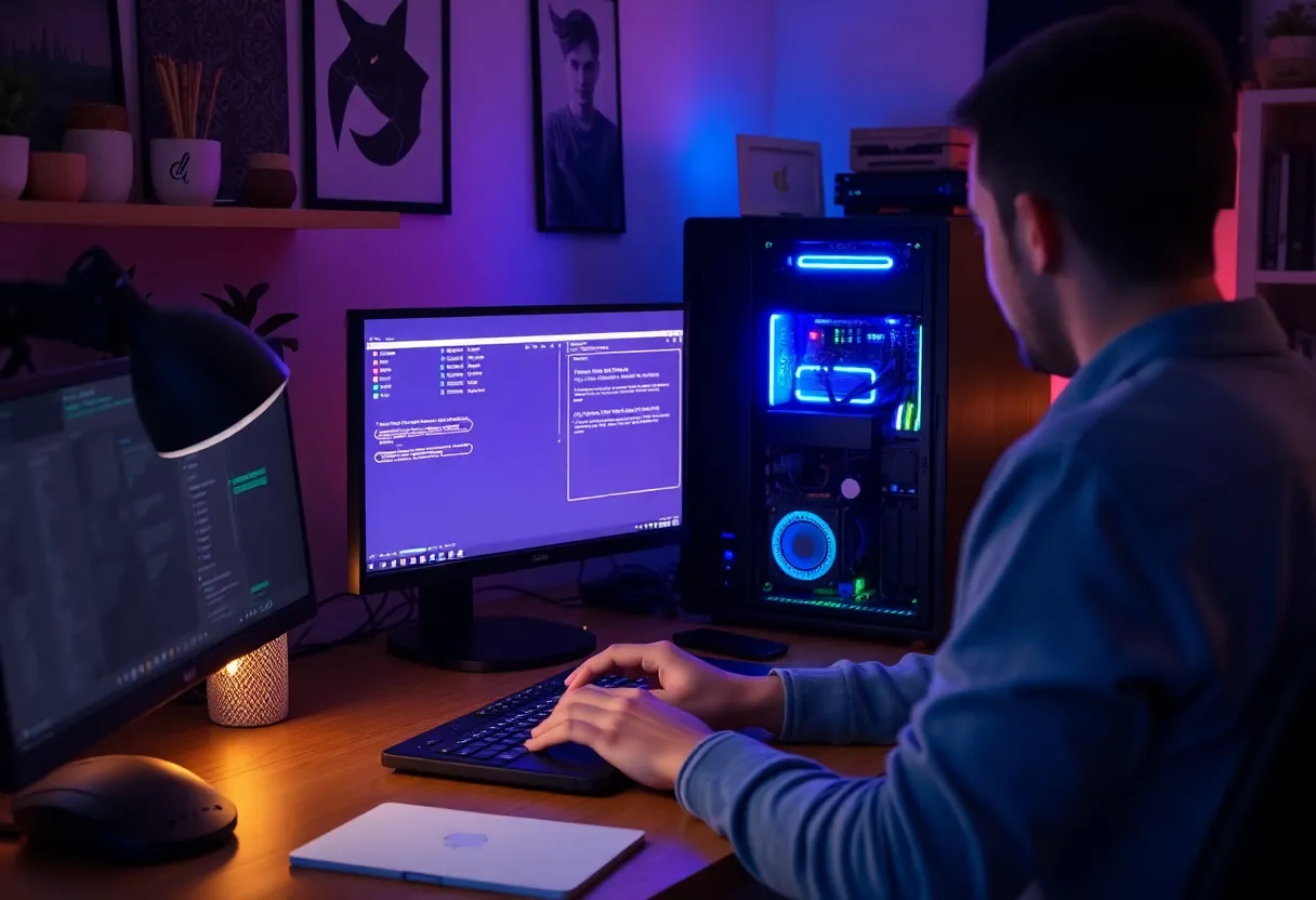 Person working on a small server or Raspberry Pi cluster at a desk in a home office