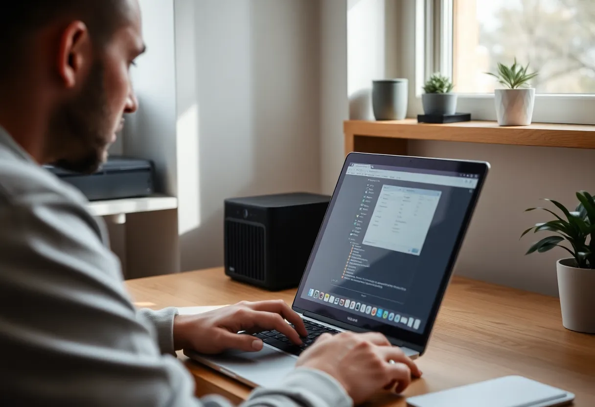 Person working on laptop with small server or NAS visible on shelf, home office