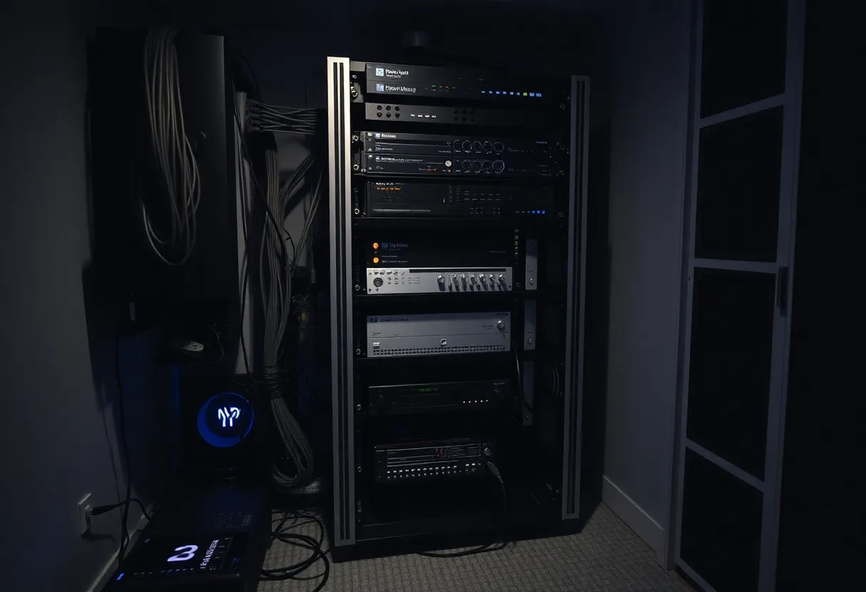 Server rack or homelab setup with multiple small devices, organized cables