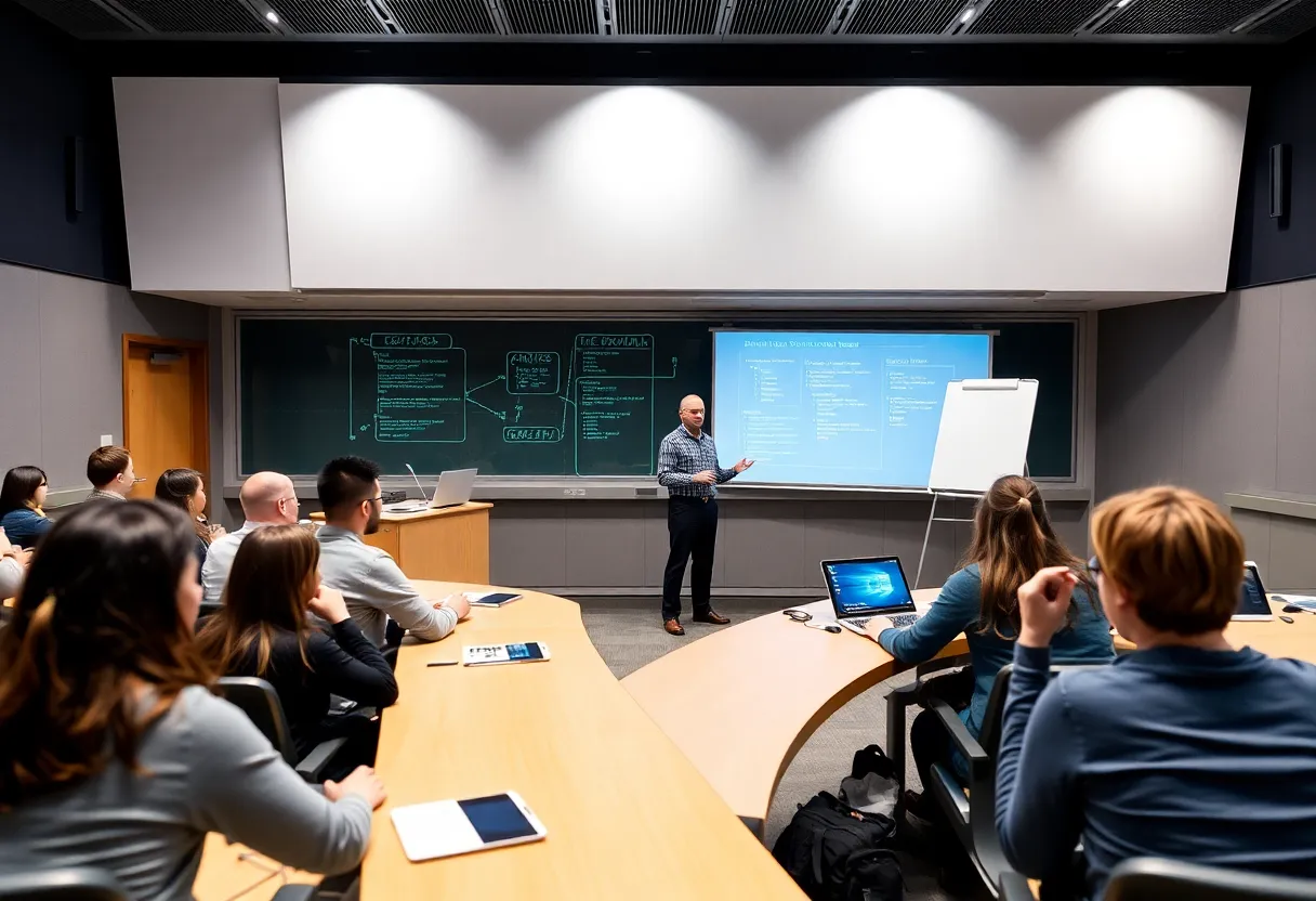 University computer science lecture hall with students and professor