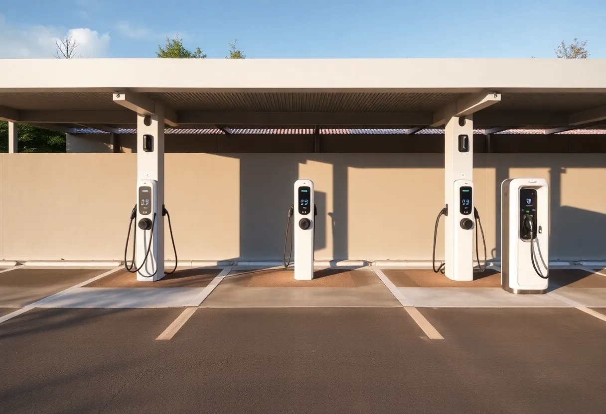 EV charging station with multiple stalls and modern infrastructure