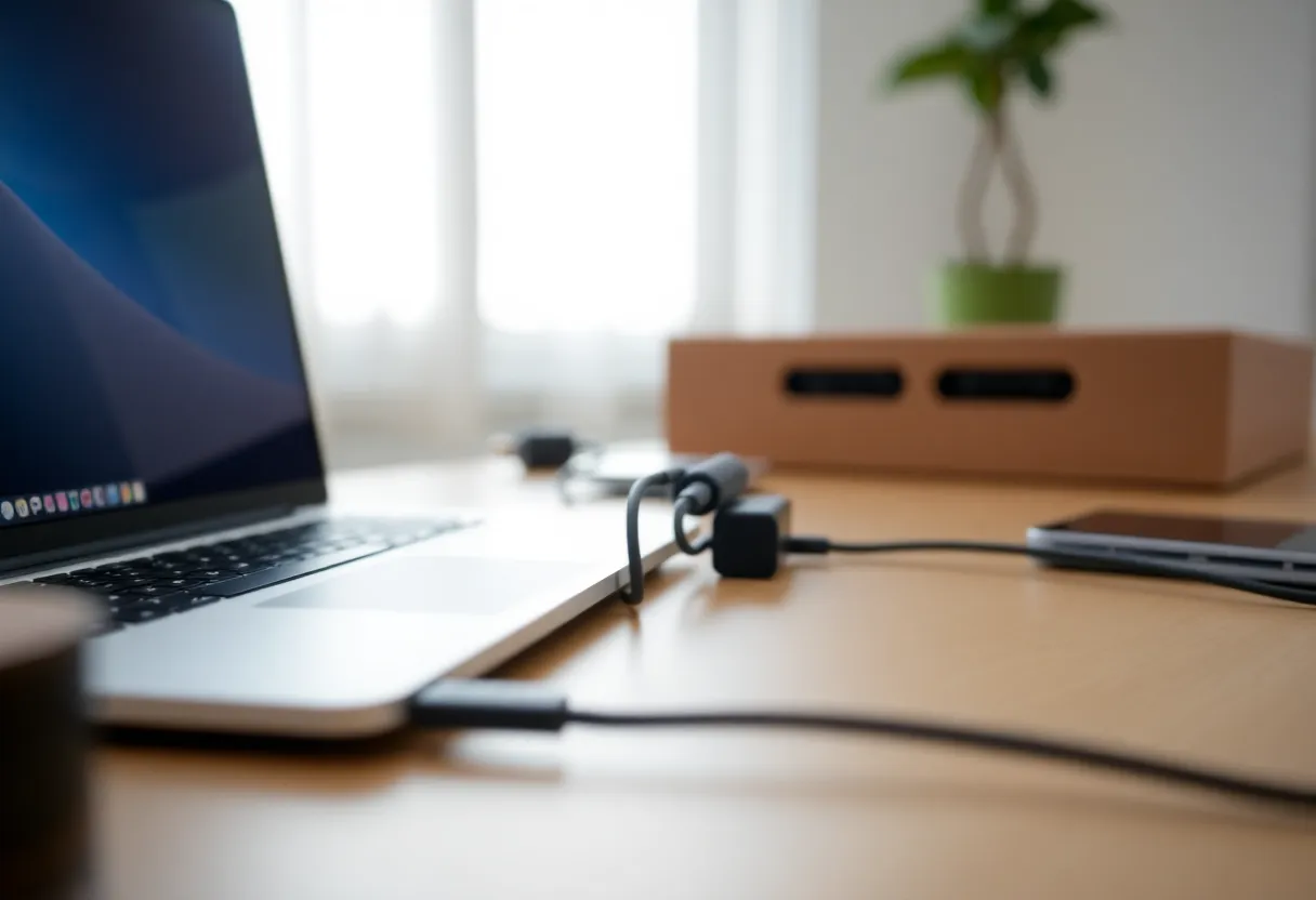 Laptop with multiple USB-C ports and adapters connected, workspace setup