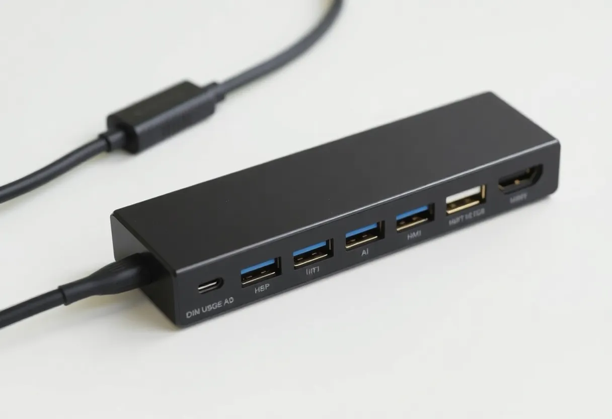 USB-C hub with various ports HDMI USB-A, product shot