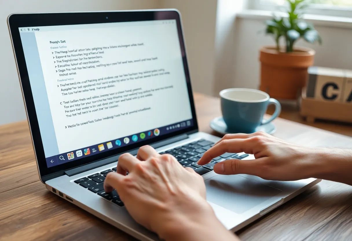 Person typing on laptop with predictive text visible