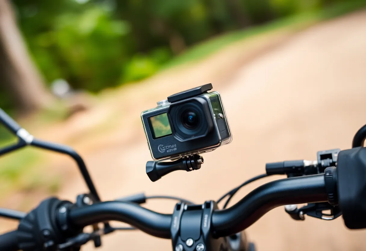 Action camera mounted on helmet or handlebar, outdoor adventure gear