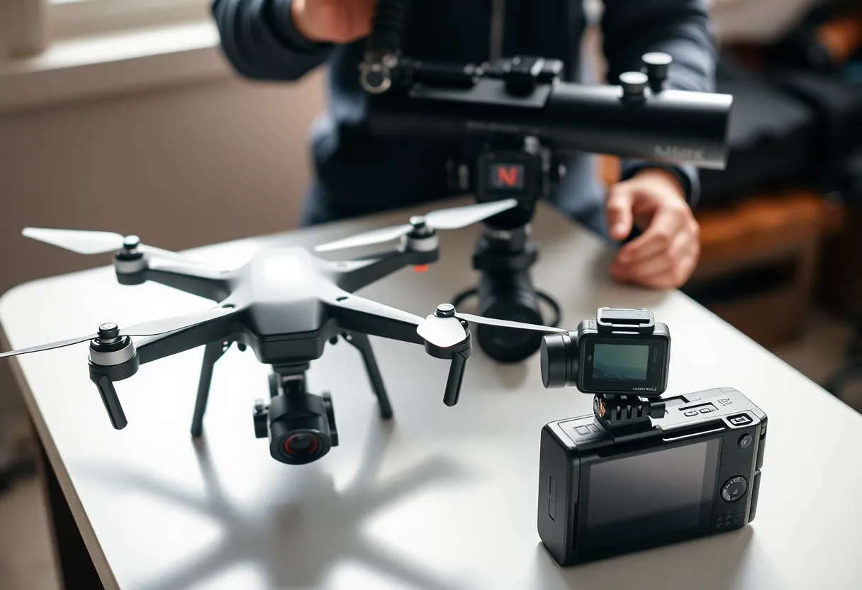 Content creator gear: drone and action cam on table, setup