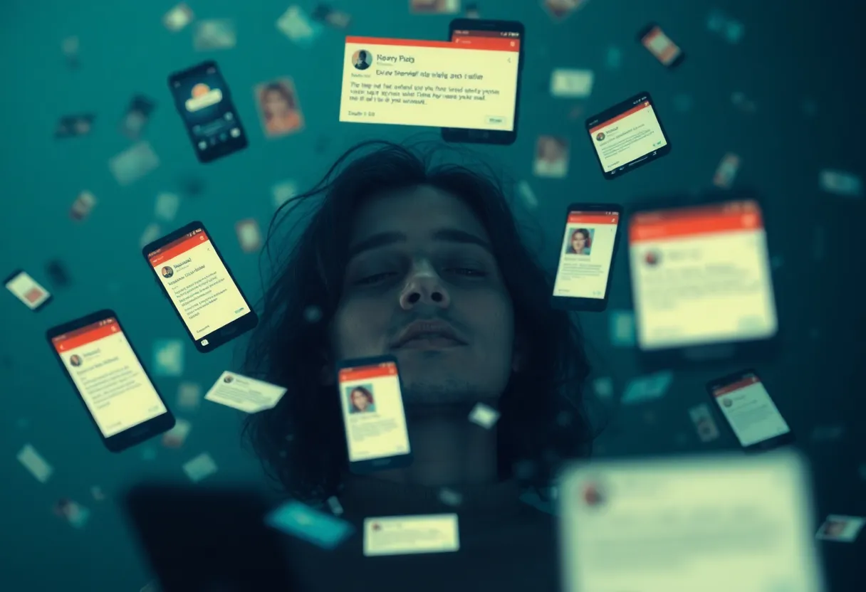 Person surrounded by floating screens and notifications, overwhelmed by digital noise