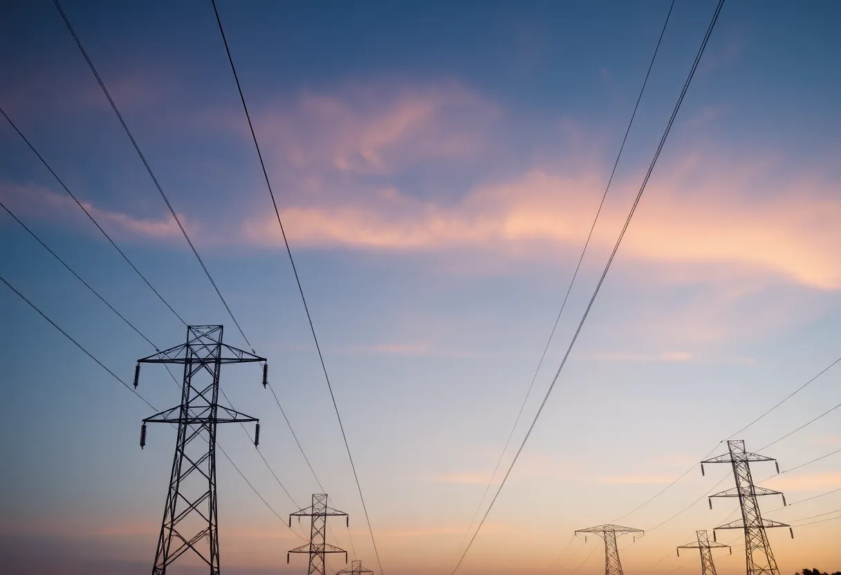 Electricity grid and power lines at dusk