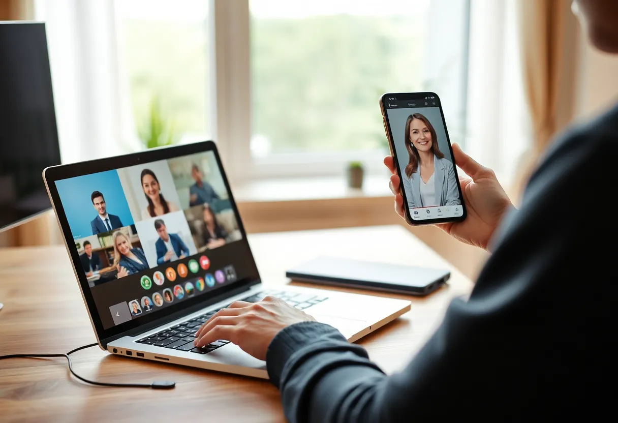 Person using laptop and phone, digital usage