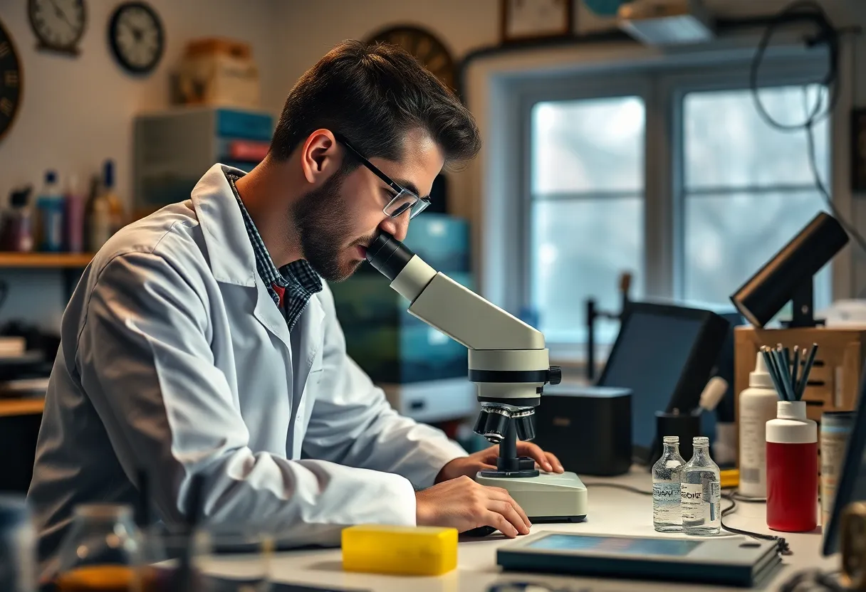Person using microscope in a home lab setup