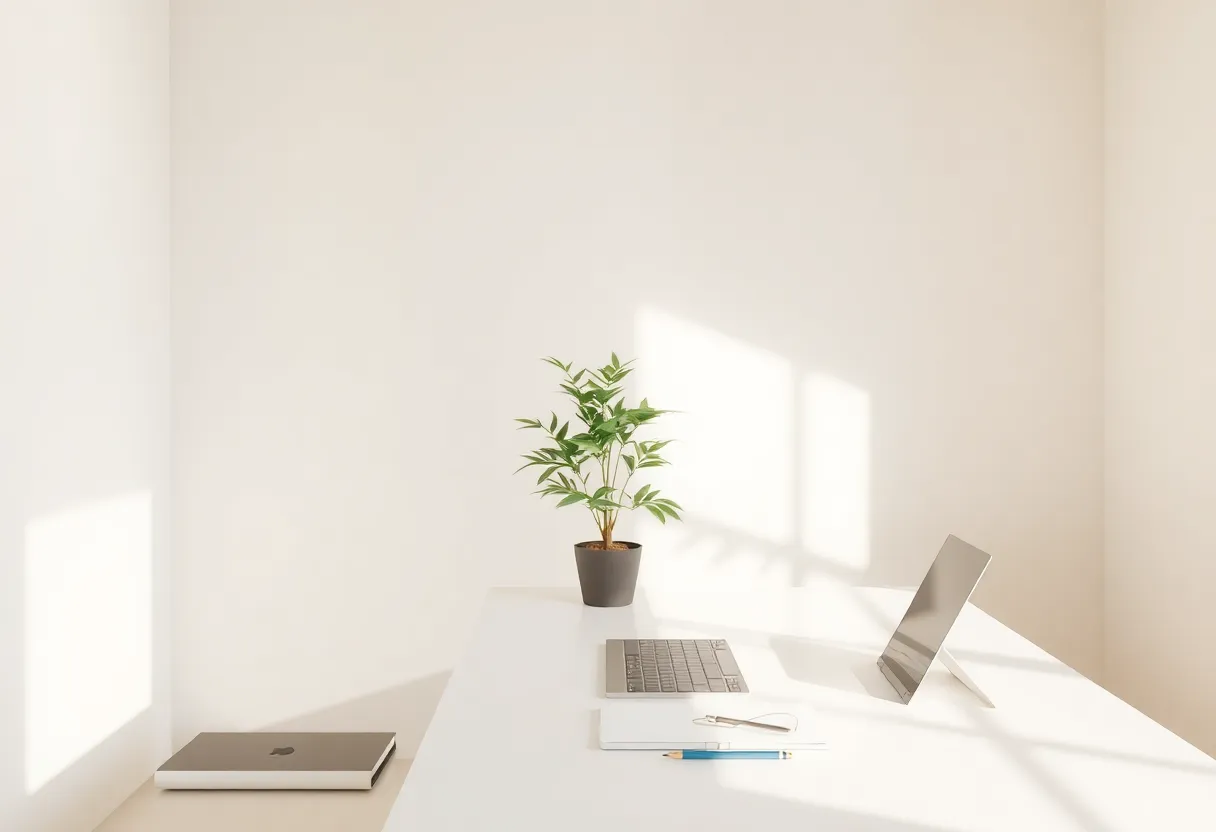 Calm minimalist workspace with natural light and focused productivity