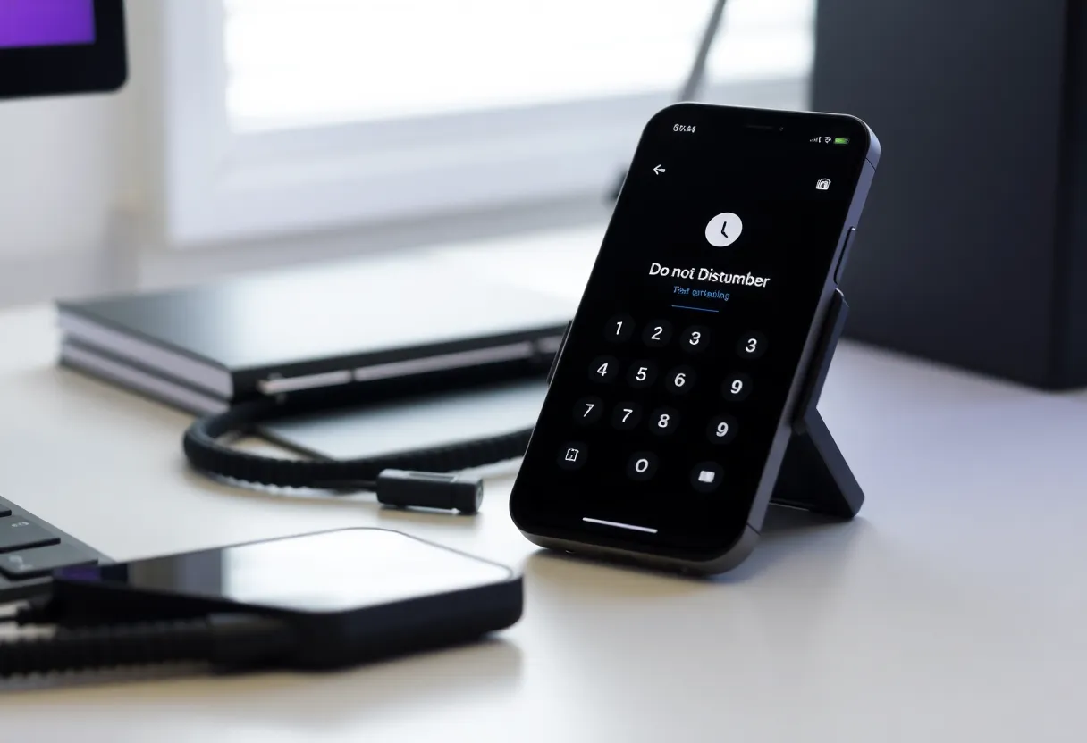 Quiet desk setup, phone in do not disturb, calm focus