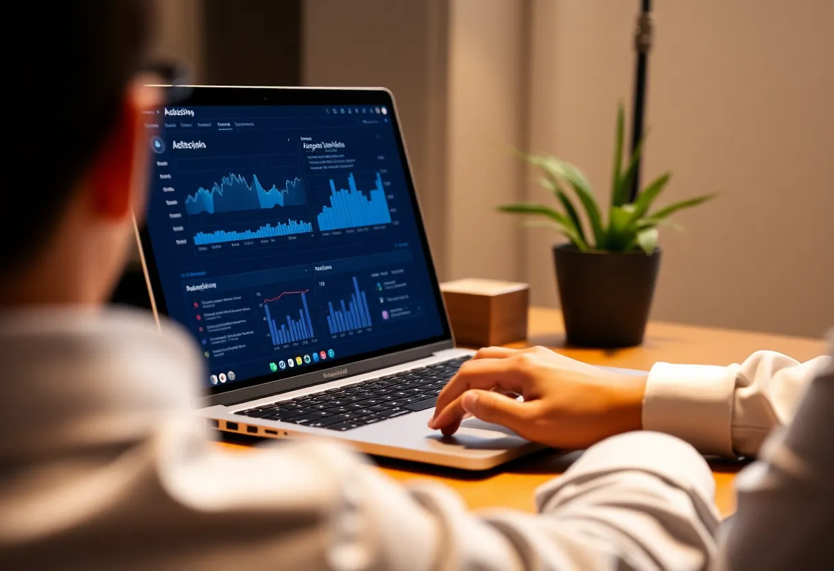 Person at laptop with dashboard, remote work