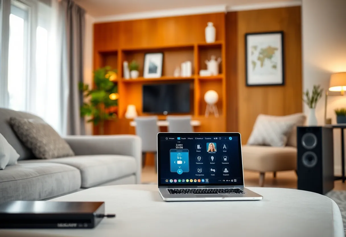 Smart home devices and laptop in living room, connected home security theme