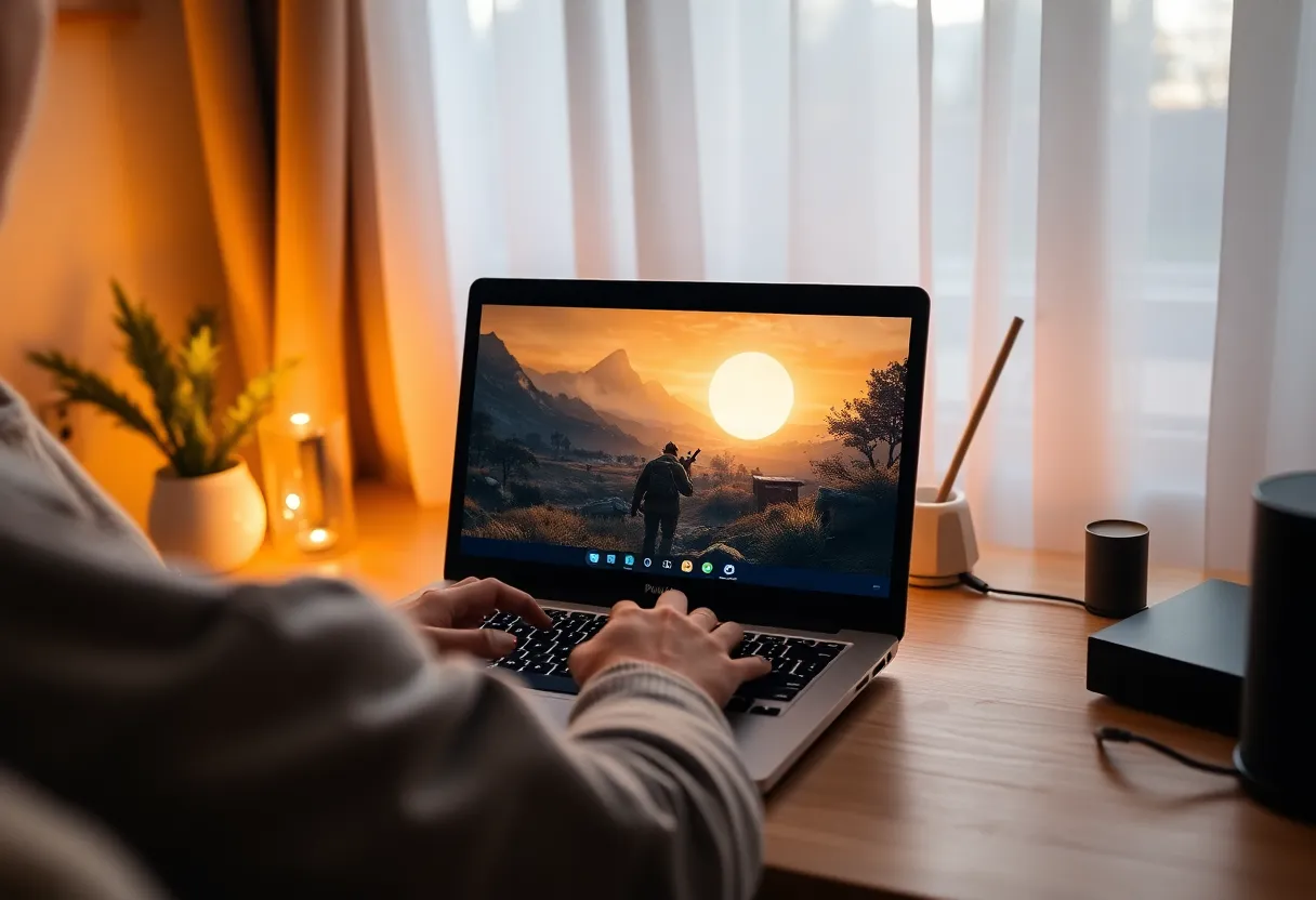 Person playing AAA game on laptop via cloud gaming, cozy setup