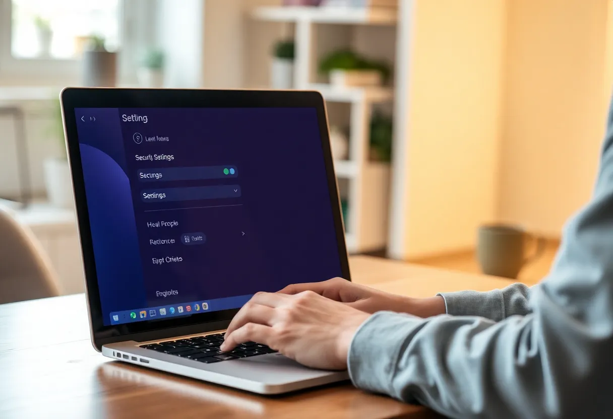 Person reviewing security settings on laptop, home office